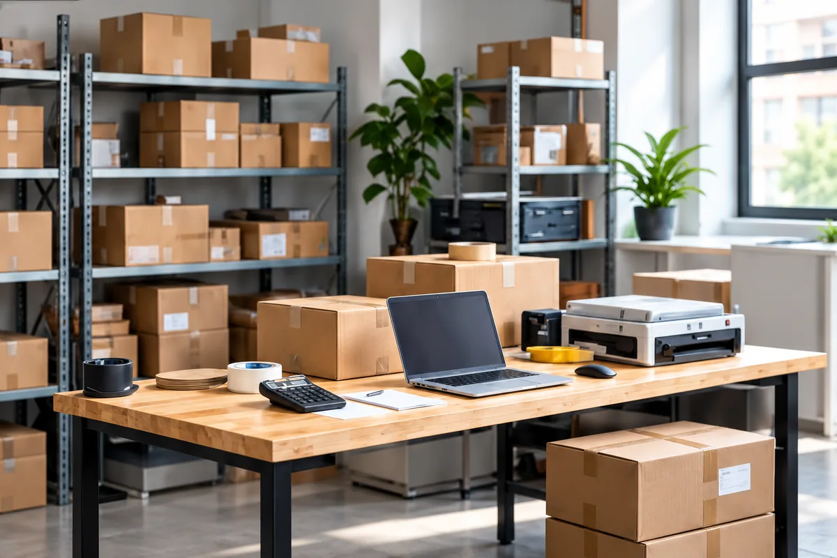 Illustrative fulfillment packing workstation with organized parcels